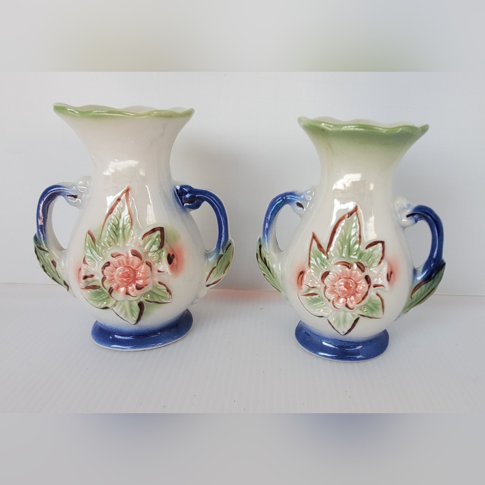 2 Vintage Floral Vases Lusterware Ornate trophy Brazil Blush Mint Blue 5" Pair